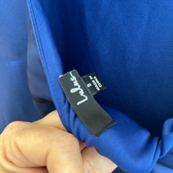 Flirtatious Evenings Blue Satin Asymmetrical Backless Maxi Dress - Picture 6 of 6